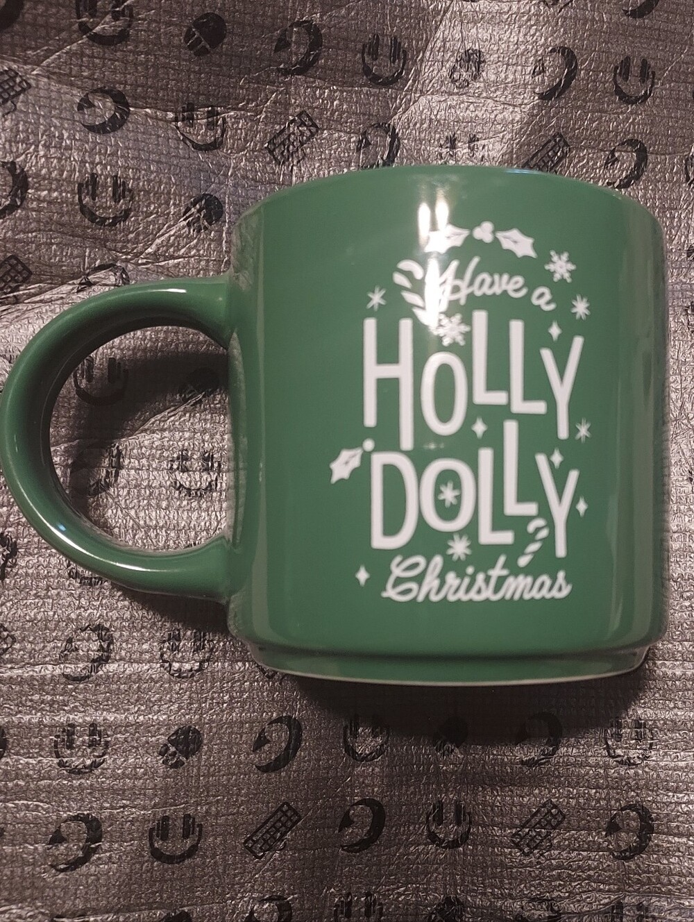 Dolly Parton Green Christmas Mug with White Holiday Script